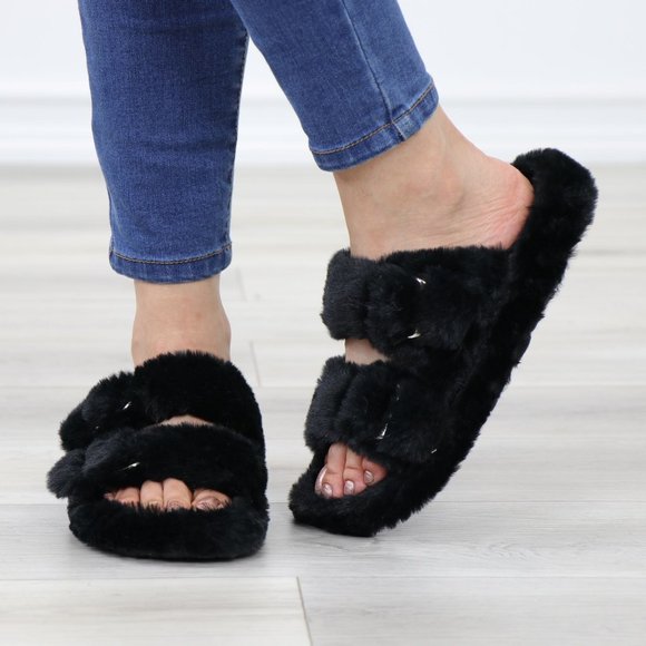 Black Puff Fuzzy Fluffy Slip On Plush Slippers Double Strap - Picture 15 of 16